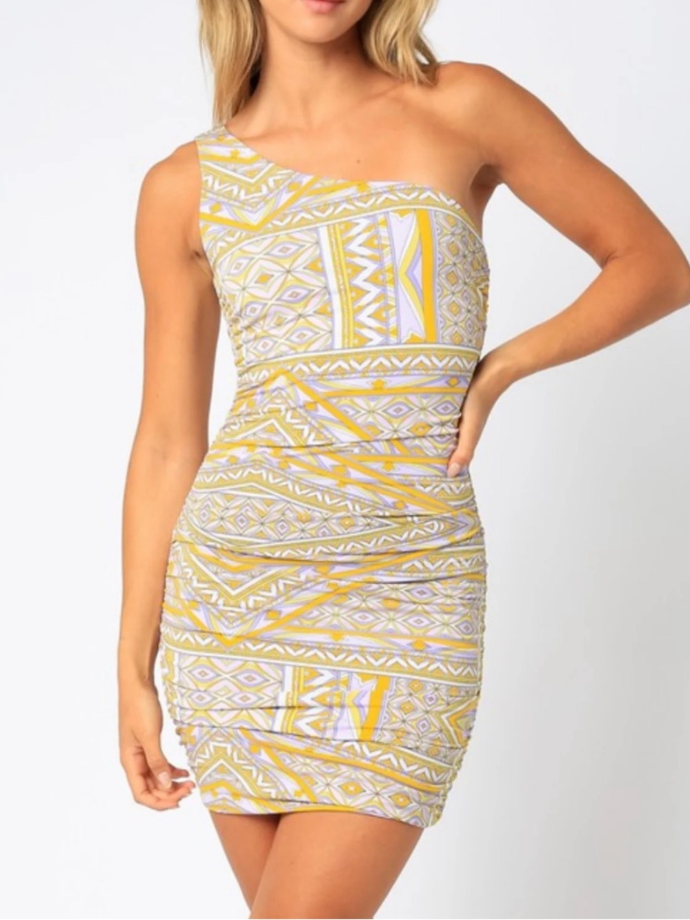 Olivaceous One-Shoulder Yellow Patterned Bodycon Dress Women’s Size M